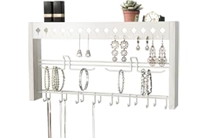 J JACKCUBE DESIGN JackCubeDesign - Wood Wall Mount Jewelry Organizer with Metal Hooks for Necklaces, Ring, Earrings (White Wood) - MK460C