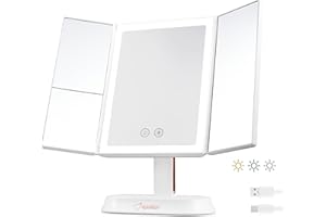 IMPERIO HOME Imperio White Rose Gold Trifold Vanity Mirror with 60 LED Lights, Dimmable, 5X & 7X Magnification, Portable & Rechargeable Makeup, Light for Dressing Table - LED, Magnifying Desk