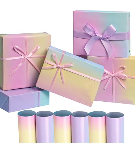 Birthday Wrapping Paper Set, 12 Sheets Rainbow Gradient Colour Gift Wrapping Paper With 2 Roll Satin Ribbon, 50 X 70CM Birthday Gift Wrap For Party - View #14