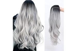 YANGUN Perücke Grau Damen, Peruecken Damen, Lange Gewellt Ombre Schwarz Grau Perücken, Ombre Silber Grau Lang Lockig, Natürliche Synthetische Haare, Perücke Damen für AlltagKostümparty Halloween