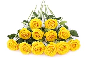 Laelfe 12 Pcs Rosas Amarillo Artificiales, Rosas Artificiales de Tallo único, Flores Artificiales Realistas para Decoración de Bodas, Aniversario, Decoración del Hogar, Jardín, Hoteles (Amarillo)