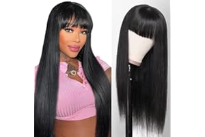 ALIPOP Human Hair Wig With Bangs For Women 2X4 Glueless Lace Overhead Wigs Black Straight Brazilian Wigs Human Hair Wig With Fringe 150% Density 16 Inch, 1.0 count