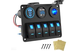 HAPYTRIP Marine Boot Schalttafel Wasserdicht, 5 Gang Wippschalter Aluminium Panel mit 3 Anschlüssen 66W 12V USB Steckdose Autoladegerät, 150W Zigarettenanzünder-Steckdose und Voltmeter für Lkw Auto Wohnmobil