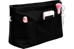 DOINEUFL Bag Organiser Insert for Tote Bags, Handbag, Backpack – 13 Pockets, Waterproof Nylon, Keychain Holder for Easy Access, Fits Longchamp & More, Trapezoid Shape Design (Black, M)