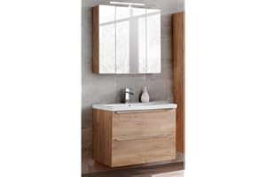 Lomadox Badmöbel Set mit LED-Spiegelschrank 3D, 80cm Keramik-Waschtisch, Wotaneiche & Hochglanz weiß, Breite 80cm