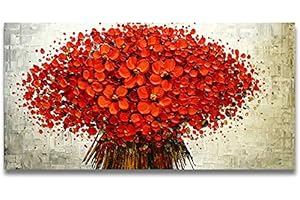 Orlco Art Oil Painting with red Cherry Leaves and Blue Trees, Hand Painted, Large Format, Abstract Art, Wall Decoration, Shovel, Structured Oil on Canvas, Canvas, red Flowers, 24x48 inches