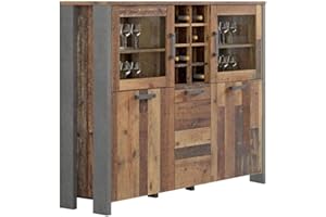 ‎FORTE FORTE Clif Highboardvitrine mit 3 Türen unf 2 Glastüren, Holzwerkstoff, Old –Wood Vintage/ Betonoptik Dunkelgrau, 151,3 x 125,4 x 41,5 cm