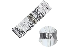 SamHeng Women Wide Sequin Belt Glitter Elastic Stretchy Waistband Cinch Belt Metal Buckle for 80s Costume Party Disco Party