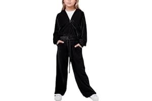 FEOYA Girls 2 Piece Velour Fleece Sweatsuit Kids Winter Warm Hooded Clothes Set Sports Velvet Zip Up Tracksuit