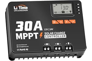 LiTime 12V/24V 30A MPPT Contrôleur, Contrôleur Solaire Avec Adaptateur Bluetooth, Écran LCD Ajustable et Indicateur LED, Contrôleur de Charge Solaire pour Batterie Au Lithium