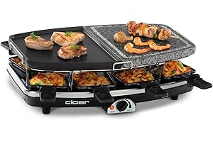 Cloer 6435 Raclette con piedra natural y aluminio, 1200 vatios, 8 sartenes raclette con revestimiento antiadherente