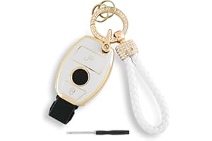 GLOUVDEYZ TPU Car Key Cover For Mercedes Benz A B C E G M R S GL SL SLK Sprinter Viano Vito Class W169 W245 R230 R171 W906 W639 W639 2 Button Car Key Fob (White) with Diamond lanyard and Screwdriver