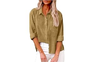 HAOLEI Chemise Femme Coton Et Lin Chemisier Col en V Bouton Manches Longues Tops Couleur Unie LâChe Respirant T-Shirts Grande Taille Pas Cher Casual Coton Lin Tunique Blouse