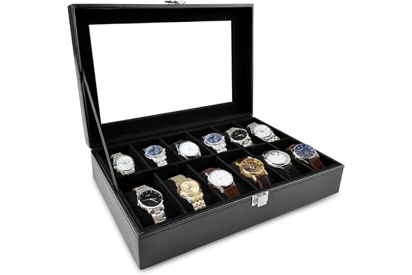 Rseuphiee Klocklåda med 12 fack, klocklåda med glaslock, klockfodral, avtagbara klockkuddar, herrklocklåda för smycken, ringar, armband och halsband