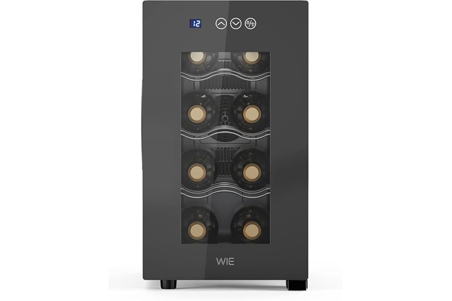 WIE 8 Bottles Wine Cooler, Thermoelectric Cooling, Refrigerated Wine Cellar with Touchscreen Control, Mirror Glass Door, Adjustable Shelves, LED Light, Mute, 5-18 °C