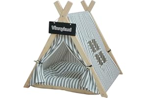 Vinnykud Pet Teepee with Cushion Dogs Tent Stripes Removable and Washable Portable Canvas Pet Teepee Tent with Window Dog Bed Play House for Dog Cat Rabbit Guinea Pig