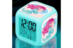 LANKOER Kids Alarm Clock, 7 Color Digital Wake Up Clocks with 8 Alarm Sounds, LED Night Light Clock with Date Calendar Temperature for Students Boys Girls (Little Mermaid)