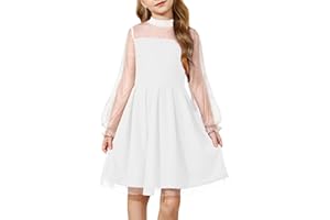 Arshiner Robes Fille Mesh Manches Longues Robe Fête Col Rond Décontractée Unicolore Robe Enfant Trapèze Mi-Longue Robes pour Enfants 6-14 Ans