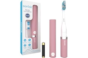 Sonisk Pulse | Battery Powered Electric Toothbrush | Portable Travel Size with Antimicrobial Sonic Technology | 1x Battery, 2X Brush Heads, 1x Travel Case Included (Dusty Pink)