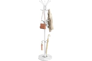 SONGMICS Klädhängare med Paraplyställ, 18 Krokar, Marmorfot | Roterbar Topp, 38 x 38 x 178 cm, Matt vit, ALAN Collection, RCR