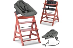 hauck Alpha+ Newborn Set mit Premium Bouncer Dark Grey - Baby Holz Hochstuhl ab Geburt mit Liegefunktion - extra flacher Aufsatz für Neugeborene & Baumwoll Sitzpolster - Cork