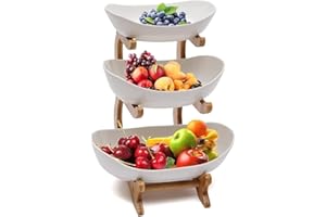 Dreamhigh® Keramik Obst Etagere mit 3 Etagen, Platzsparendes Obstkorb Etagere für die Familie, Stabil Und Ohne zu Zittern, Obstschale Modern mit Natürlichem Bambus Steher, für Gemüse, Obst, Snacks