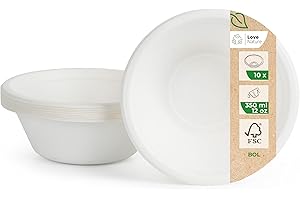 Love Nature Bol Jetable - Vaisselle Canne à Sucre 10 pièces - Écologique Bols Jetables 350ml - Biodégradable Résistant et Solide