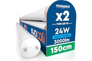 EUROCALI 2 Tubes LED 150cm T8 G13 24W - Remplacement Néon - 3000 Lumens Blanc Froid 6500K - Haute Luminosité 125 lm/W - Matériau Nano-Plastique avec Starter LED - Garantie 3 Ans - Idéal Garage & Magasin