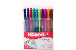 Kores - K1 : Stylos à Bille de Couleur, Stylo à Bille 1 mm à Pointe Moyenne avec Encre Anti-Salissure pour une Écriture Douce, Forme Triangulaire Ergonomique, Paquet de 10 en Couleurs Assorties