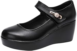 GENERIC11 Mary Jane Shoes for Women Elegant Round Toe Solid Color Leather Shoes Buckle Strap Ultra-Light Wedge Heel Platform Shoes for Party