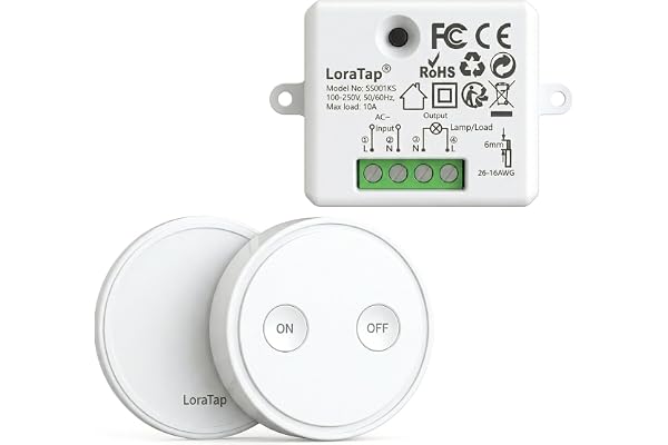 LoraTap Kit Interrupteur Sans Fil, Récepteur 2500W, Emetteur Radio 868Mhz, Va et Vient, Commande à Distance Mural Avec Télécommande ON/OFF Pour Eclairage