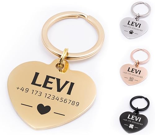 FELLSOCKE Stainless Steel Heart Dog Tag, Personalised & Engravable, Robust & Rustproof, in 3 Sizes, Name Plate Pendant for Dogs, Cats & Horses (Gold, 30 x 27 mm, Glossy)