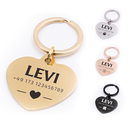 FELLSOCKE Stainless Steel Heart Dog Tag, Personalised & Engravable, Robust & Rustproof, in 3 Sizes, Name Plate Pendant for Dogs, Cats & Horses (Gold, 30 x 27 mm, Glossy)