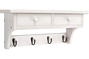 Emfogoo Kleiderhaken Wand, Rustikale Holz Wandgarderobe mit Ablage, 2 Schublade und 4 Metallhaken, Vintage Garderobenleiste für Flur, Eingang, Wohnzimmer, Schlafzimmer (Vintage Weiß)