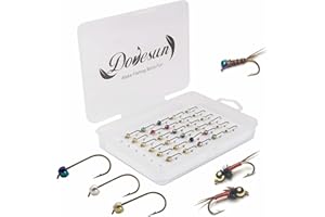 Dovesun Fliegenfischen Jig Kopf, Forellen Angeln Häkchen Fliegen Jighaken Materialien zum Fliegenbinden mit Fliegenbox 2.4mm-14# 2.8mm-12# 3.2mm-10# 3.8mm-8# /30Stück