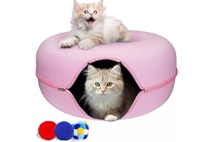 Cherie Bear Cozy Felt Tunnel Bed for Indoor, Large Cats - Interactive Cat Toy with 3 Balls & Zipper - Hiding Tent for Kittens