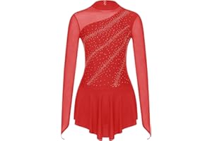 Oyolan Femme Justaucorps Robe Danse Patinage Gymnastique Strass Brillant Leotard Manches Longues Costume Spectacle S-XXL