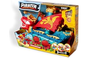 PIRATIX ADVENTURE WORLD PIRATIX Dragon Ship - Bateau Dragon Piratix Tout Terrain 3 en 1 : Terre, Mer et Air Contient 1 Bateau Dragon, 1 Piratix Exclusif, 1 Trésor Exclusif, 1 Drapeau et 1 Projectile