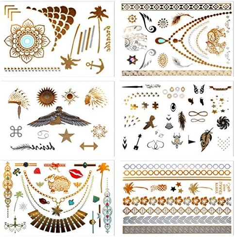 Metallic Temporary Tattoos, PrettyDate 6 Sheets 75+ Designs in Gold Silver Black, Fake Glitter Jewelry Tattoos- Bracelets, Necklaces, Wrist, Anklets and Armbands（Tropics Collection）