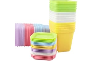 XIONGHONGLONG 24 Piezas Mini Macetas Plastico Cuadrada,7cm Maceta Pequeña con Bandeja,Mini Macetas Coloridas Macetas para Semillas tiestos para plantas interior para Plantas Pequeñas, Flores, Jardinería