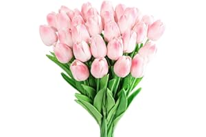 Kisflower 30Pcs Artificial Latex Tulip Flowers Fake Tulips Bouquet Real Touch Flowers for Decor (Pink)