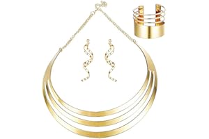 Finrezio Gold-Tone Bib Choker Necklace Set for Women Wide Cuff Bangle Bracelets Statement Dangle Earrings Festival Jewelry