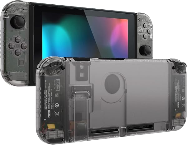 eXtremeRate Transparent Clear Black Back Plate for Nintendo Switch Console, NS Joycon Handheld Controller Housing with Full Set Buttons, DIY Replacement Shell for Nintendo Switch - 1