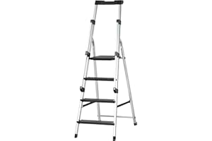 ‎DURHAND DURHAND Klapptritt Stehleiter mit Werkzeugablage Handlauf Trittleiter mit 4 Stufen rutschfest Rostfrei Gerüstbock bis 150 kg Belastbar inkl. Anti-Rutsch-Füße Alu 45,5 x 82 x 145 cm