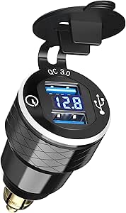 Qidoe DIN Hella Stecker auf USB Adapter, Dual QC 3.0 DIN USB Motorrad mit Voltmeteranzeige, Aluminium USB Ladegerät für 12V-24V Ducati, Triumph, BMW Motorräder im europäischen Stil