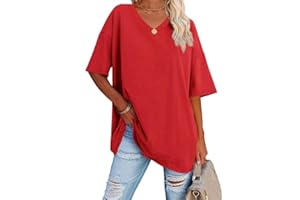 EBIFIN Women's Casual Oversized T Shirts Short Sleeve V Neck Basic Plain Cotton Tee Tops.