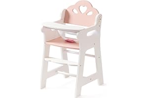 ROBOTIME Baby Doll High Chair, Pretend Play Wooden Dolls Furniture for Up to 18 Inch, with Safety Belt & Foodrest, Sturdy & Stylish Dolls Feeding Chair, Doll Accessory for Kids Aged 3+ (White)