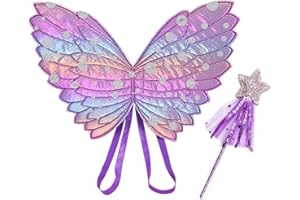 YKKJ Déguisement Fée Enfant,Ailes d'Enfants 2 Costume Papillon Fille Ailes Ensemble Baguette Magique et Ailes de Fée pour Enfants pour Filles Fête d'halloween Habiller Accessoires de Déguisement Cosplay