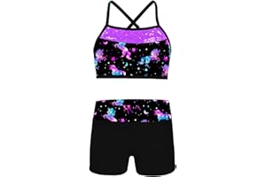 Alvivi Conjunto Brillante de Baile Moderno para Niñas Crop Top y Leggings Cortos Maillot de Gimnasia Rítmica Traje de Deportivo Yoga 6-14 Años