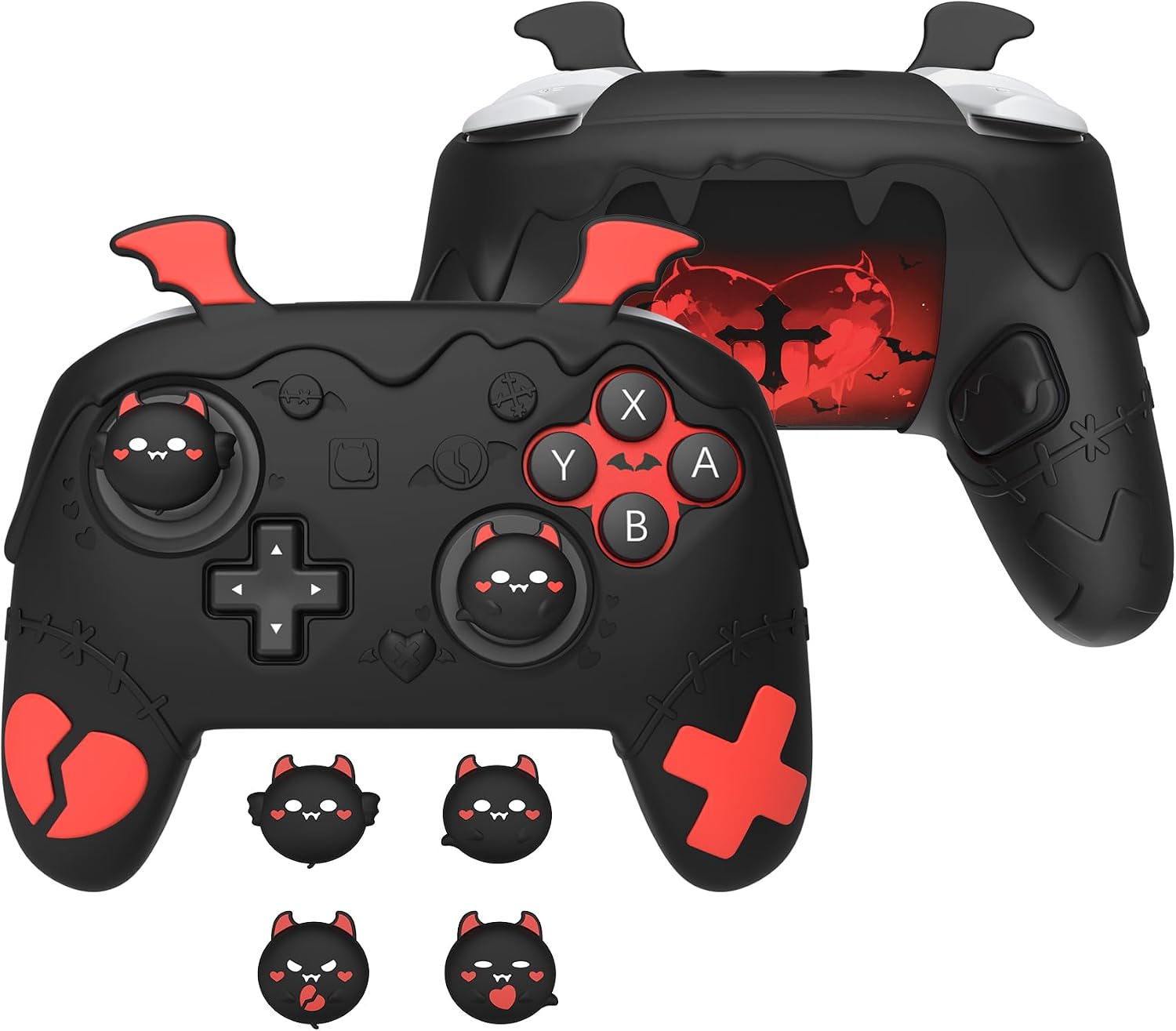 PlayVital Funda de Silicona para Nintendo Switch 2 Pro Mando - Carcasa Protectora con Tapas de Botón Trasero & Thumb Grips & Stickers, Antideslizante y Antigolpes - Diseño Gótico (Negro)